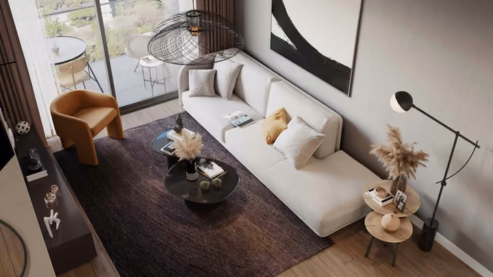 Developer interior visualization of the lounge seating, coffee table and balcony connection.