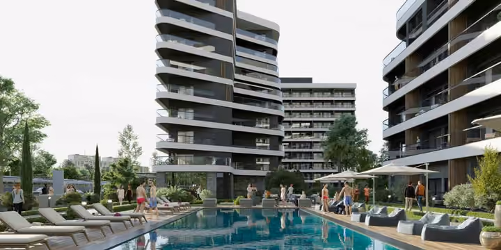 Architectural visualization across the pool toward the balconies and courtyard landscaping.