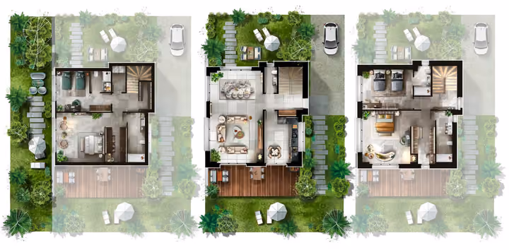 A rendered plan of a 4 bedroom detached villa showing three levels, living spaces, bathrooms, stairs and garden areas. The highlighted areas are preserved exactly as supplied.