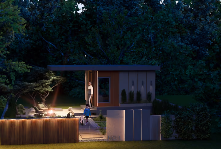 A garden building and outdoor fire area illustrated in an evening scene. Architectural render supplied in the project source folder; it illustrates the proposed design.