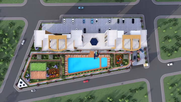 Overhead rendering of the buildings, parking, pool and sports areas