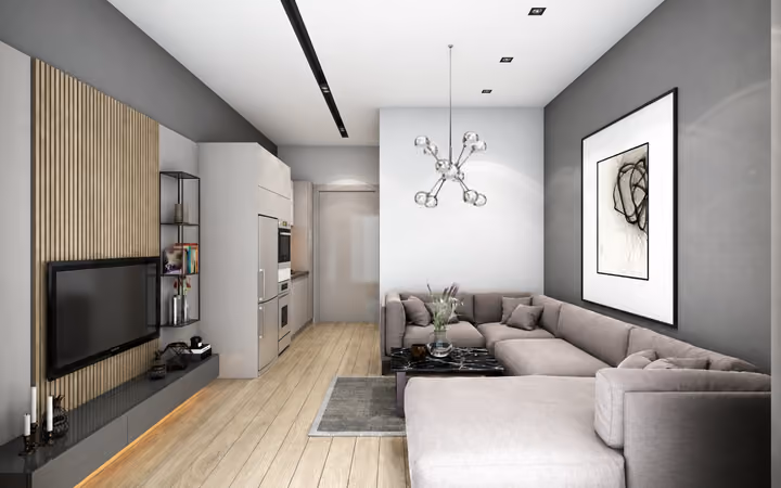 Interior rendering of sofa seating facing a television and storage wall.
