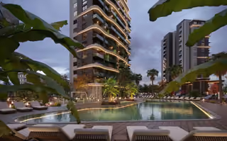 Architectural visualisation of the outdoor pool and sun loungers.