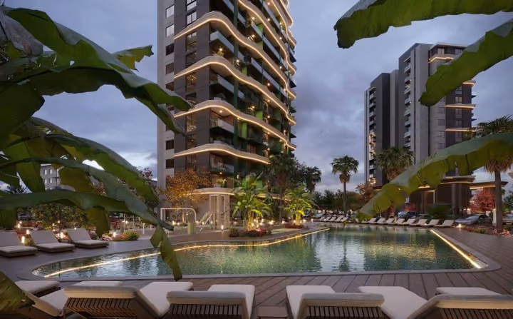 Architectural visualisation of the outdoor pool and sun loungers.