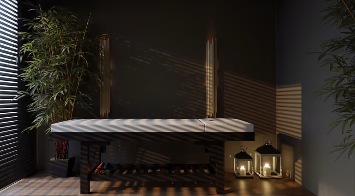 Architectural rendering of massage room with timber finishes in Gaziemir, Izmir.