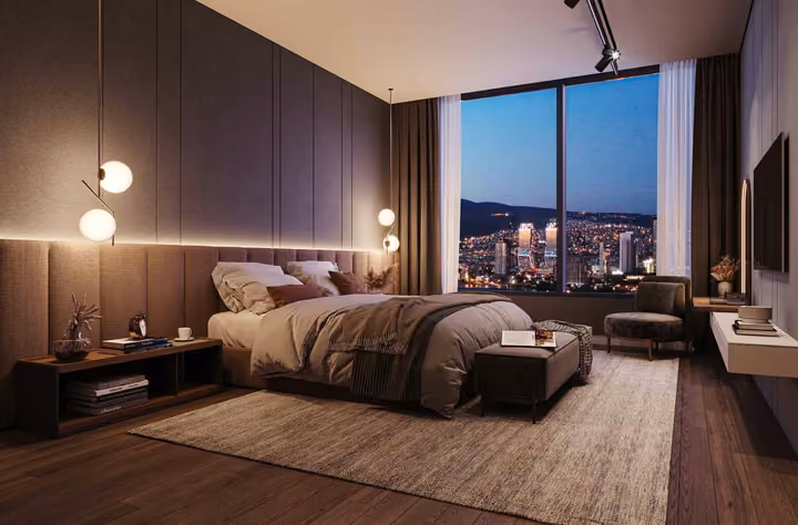 Developer interior visualization of a double bedroom with large windows and a city outlook.