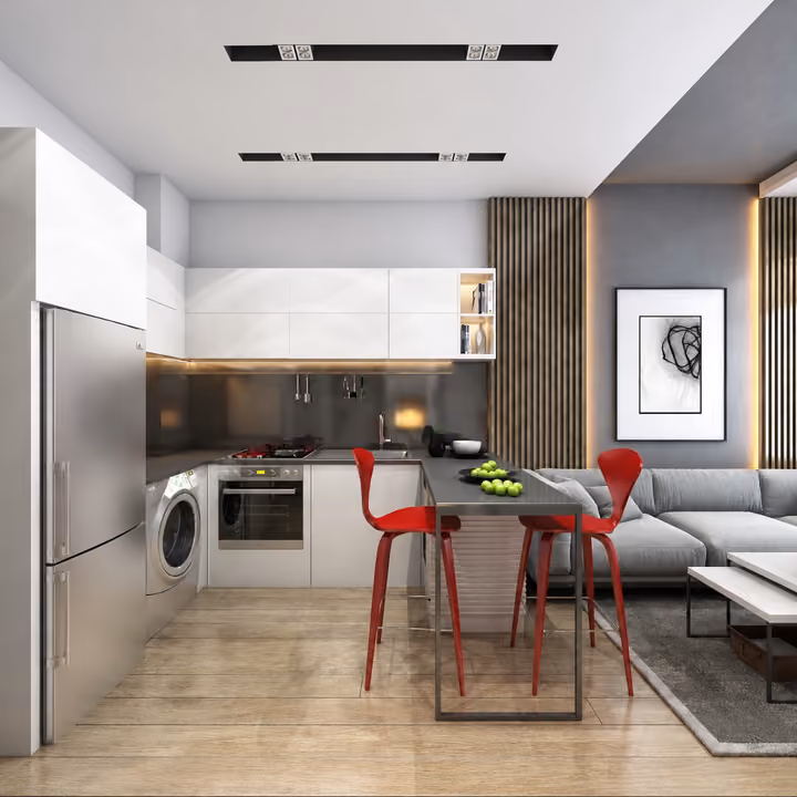 Interior rendering of an open kitchen with a breakfast counter and dining stools.