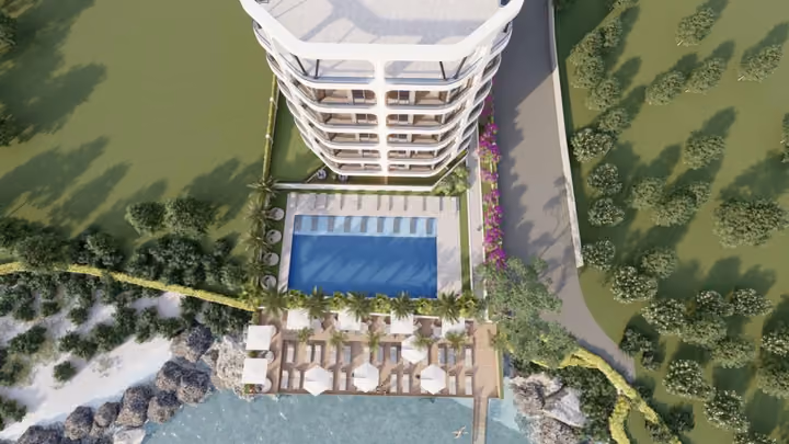 Overhead architectural rendering of the building, pool and shoreline deck