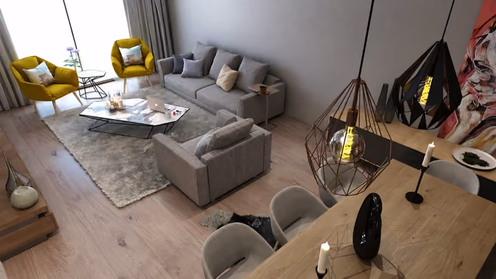 Interior rendering showing the sofa, accent chairs, rug and coffee table from above.