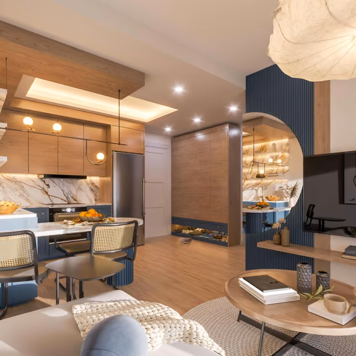 Interior rendering of the open kitchen, dining table and living space