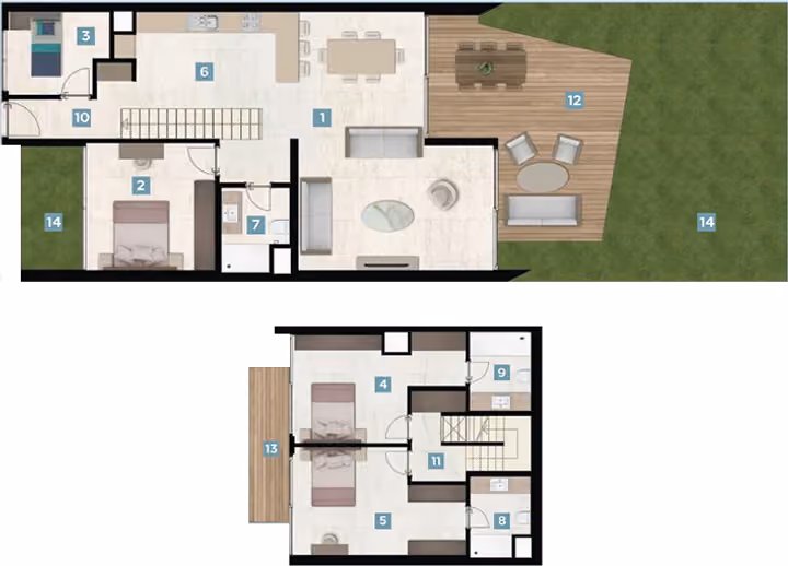 Four-bedroom duplex apartment floor plan.