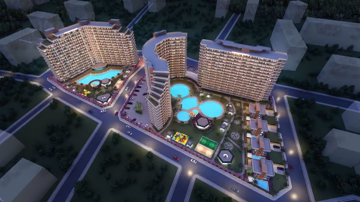 Aerial architectural rendering of the wider residential development and shared recreation areas.