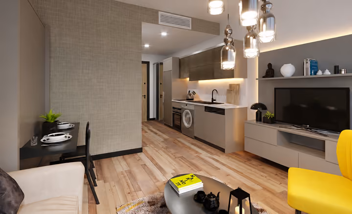 Architectural rendering of studio apartment kitchen and living space.