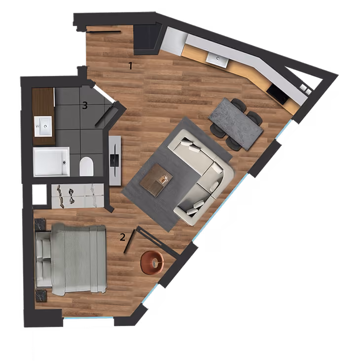 One-bedroom corner apartment floor plan, showing room arrangement and outdoor space.