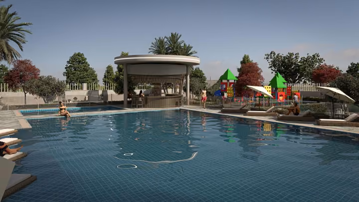 Architectural visualisation of the outdoor pool, playground and seating area.