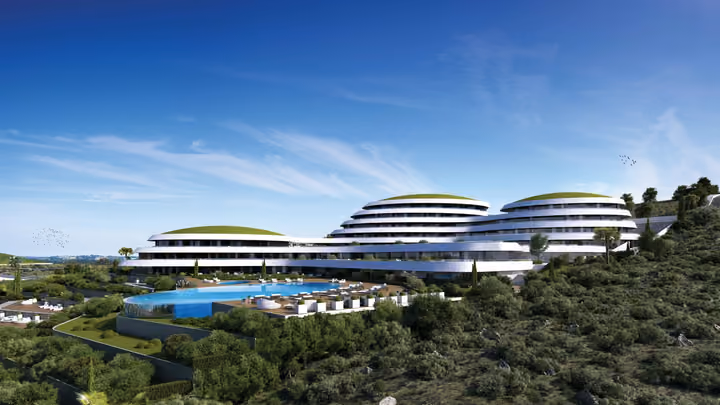 Architectural visualization of the apartment blocks, pool and surrounding planted grounds.