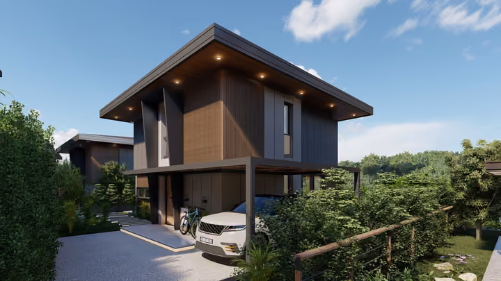 A corner view of a villa with broad windows and a covered parking space. Architectural render supplied in the project source folder; it illustrates the proposed design.