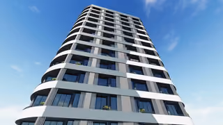 Upward view of the tower facade in an architectural rendering
