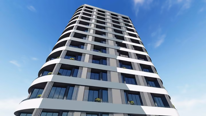 Upward view of the tower facade in an architectural rendering