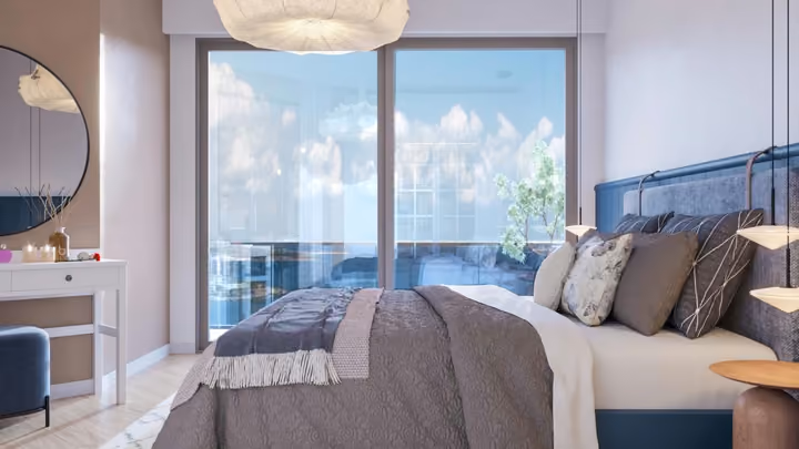 Interior rendering of the main bedroom facing balcony glazing