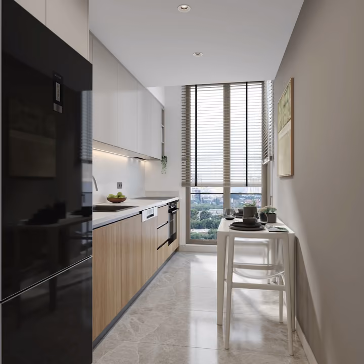 Interior rendering of a separate kitchen in a two-bedroom apartment in Topkapi