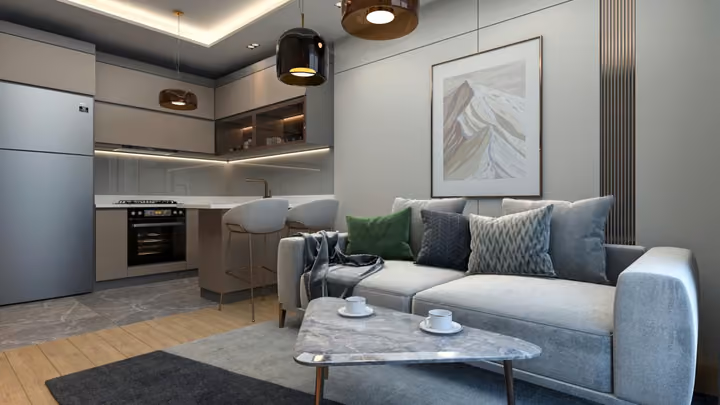 Interior visualisation of the open kitchen and living space.