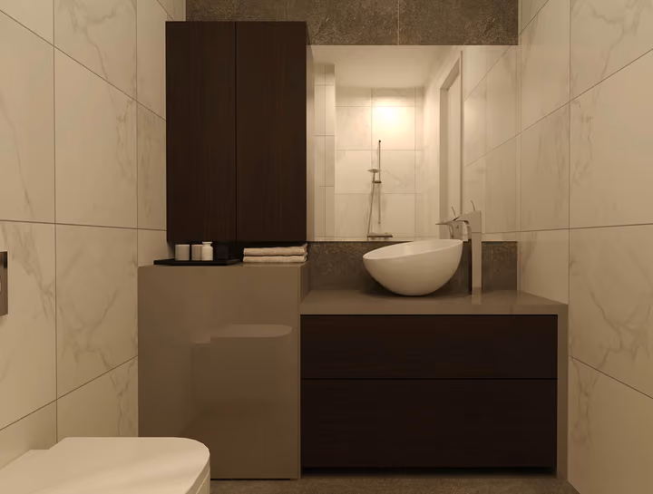 Architectural rendering of bathroom vanity and toilet detail in Gaziemir, Izmir.