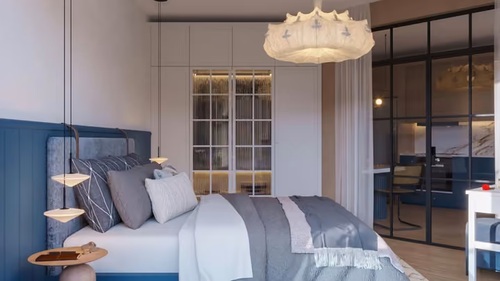 Interior rendering of a bedroom with a glazed partition facing the living area