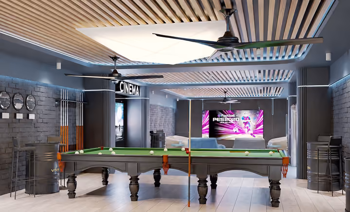 Architectural rendering of billiards room and recreation lounge.