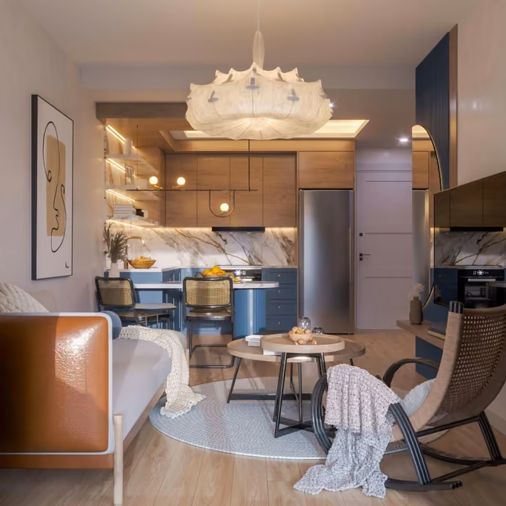 Interior rendering looking from the living room toward the kitchen