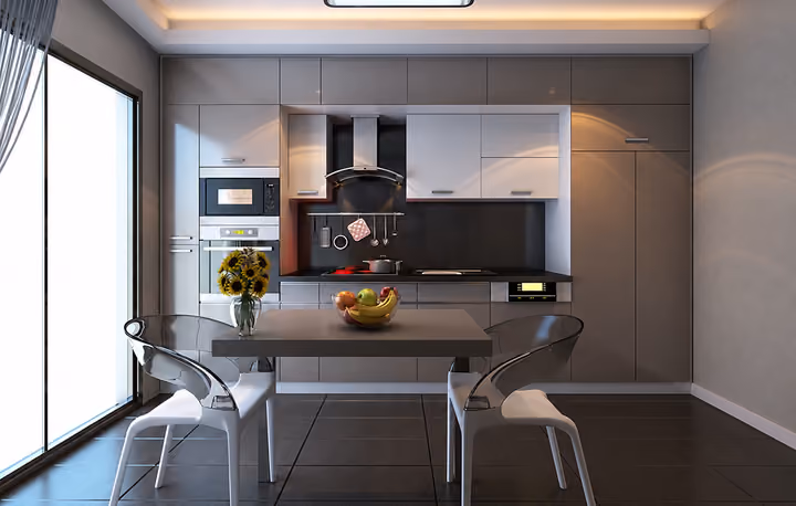 Architectural rendering of apartment kitchen and dining counter.