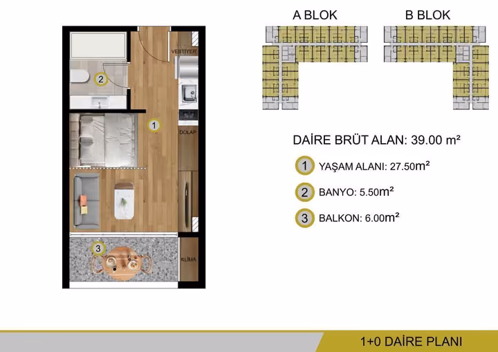 Studio plan marked 39 square metres gross with one bathroom and a balcony.