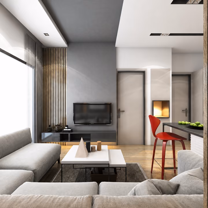 Interior rendering of a living room connected to an open kitchen and breakfast counter.