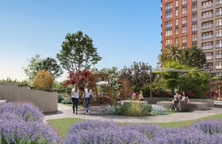 Architectural rendering of a landscaped walking path and pergola beside apartment blocks in Topkapi