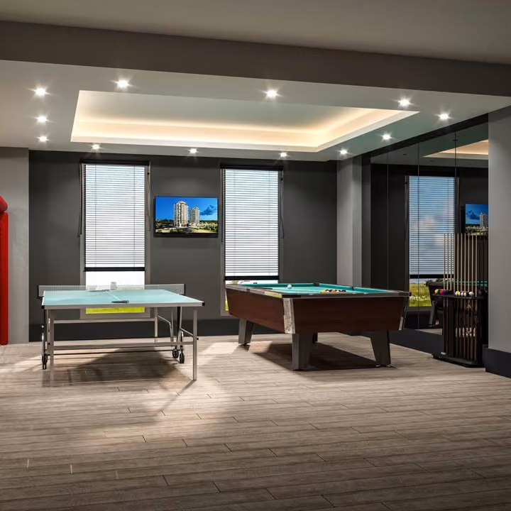 Rendering of a shared games room with table tennis and billiards