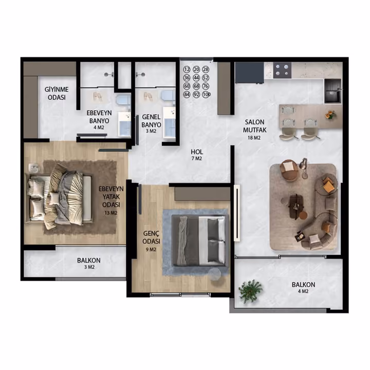 Two-bedroom apartment plan showing two bathrooms, dressing storage and two balconies.