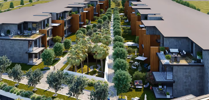 Architectural rendering of long garden corridor between residential wings in Gaziemir, Izmir.