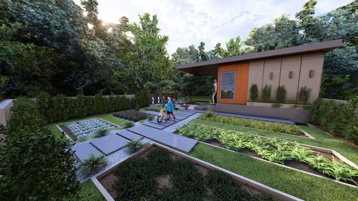 A daytime overview of growing beds, paths and a garden building. Architectural render supplied in the project source folder; it illustrates the proposed design.