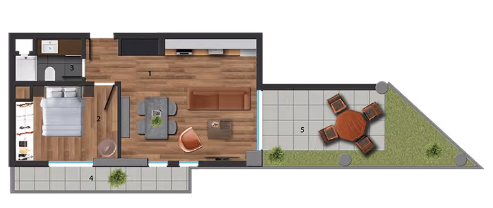 One-bedroom apartment with terrace floor plan, showing room arrangement and outdoor space.