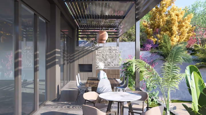 A sheltered terrace with tables and chairs beside landscaped borders. Architectural render supplied in the project source folder; it illustrates the proposed design.