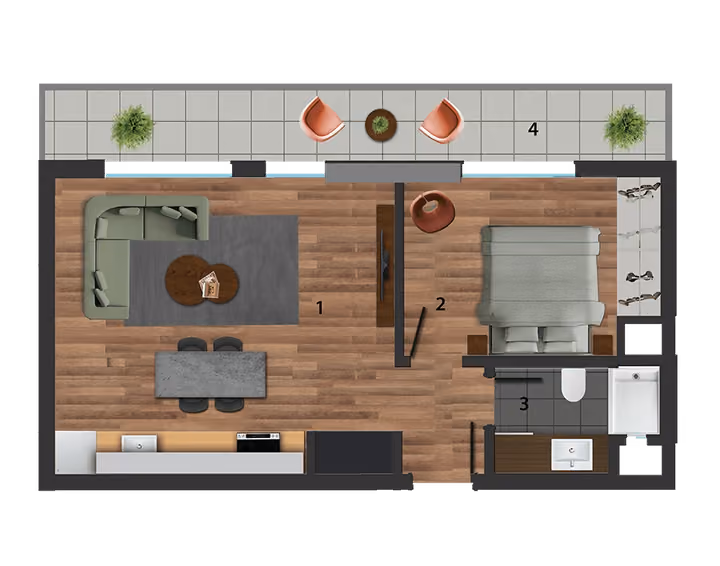 One-bedroom front-facing apartment floor plan, showing room arrangement and outdoor space.