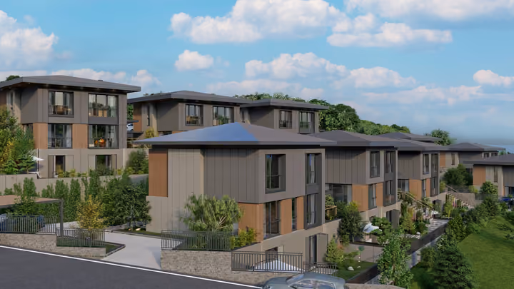 A street corner and villas arranged along a landscaped hillside. Architectural render supplied in the project source folder; it illustrates the proposed design.