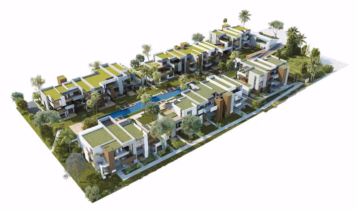 Illustrative isometric overview of residences and shared gardens in Boyalik, Cesme.