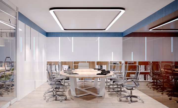 Architectural rendering of meeting room with a long table.
