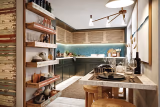 Architectural rendering of open kitchen with green cabinets and breakfast counter in Alacati, Cesme.