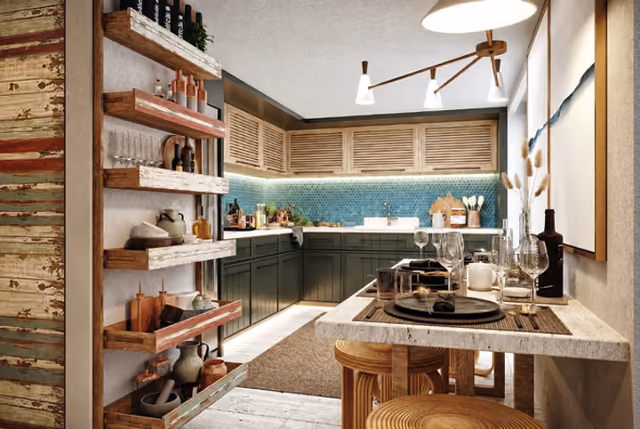 Architectural rendering of open kitchen with green cabinets and breakfast counter in Alacati, Cesme.