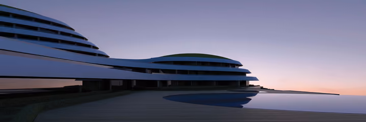 Architectural visualization of the stepped curved buildings and pool edge at dusk.