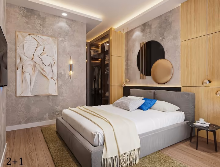 Illustrative main bedroom interior for the two-bedroom type.