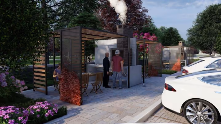 Architectural visualization of the gated entrance and security point.