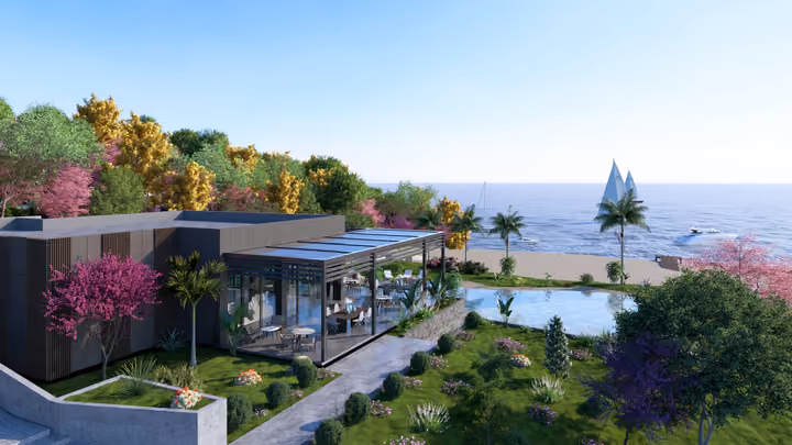 An elevated view of a leisure pavilion, pool and garden with a sea outlook. Architectural render supplied in the project source folder; it illustrates the proposed design.